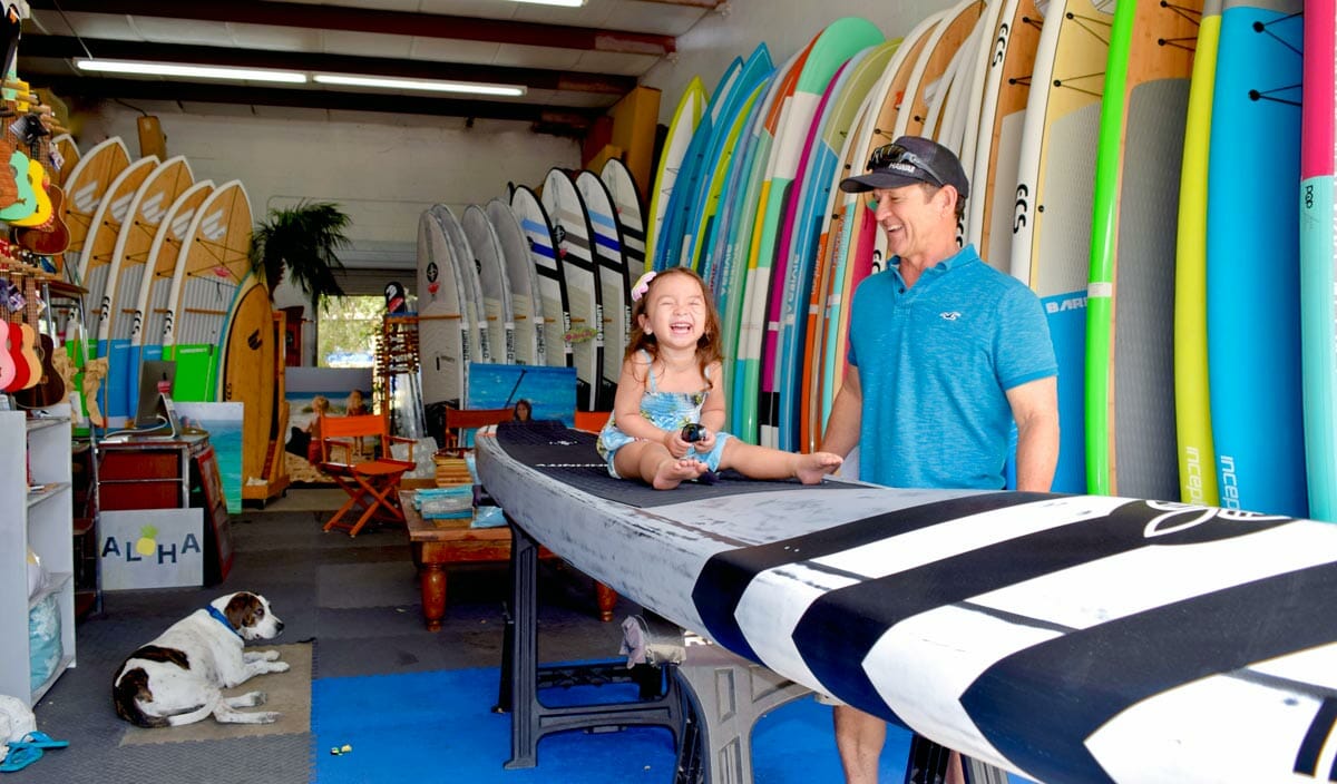 SoBe Surf Paddle Board Shop Florida Cocoa Beach Merritt Island Miami Owner Girard Middleton with daughter Audrey