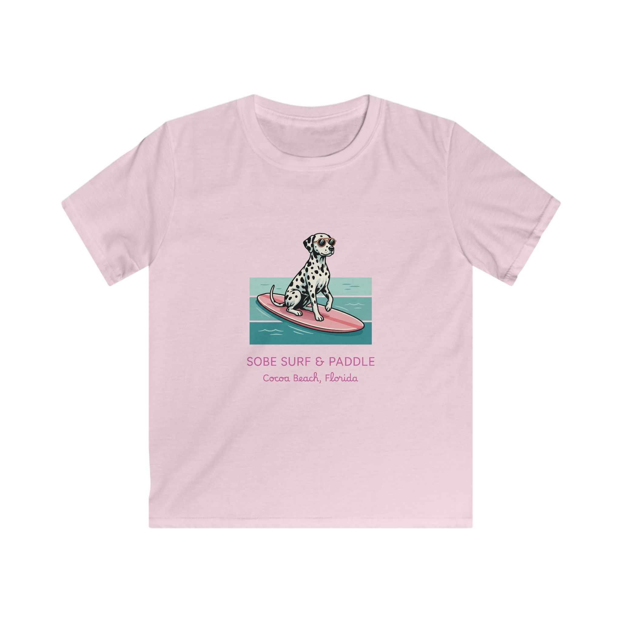 Kids Tee — Dalmatian on Surfboard “Sobe Surf & Paddle” Miami Beach Graphic - Image 22