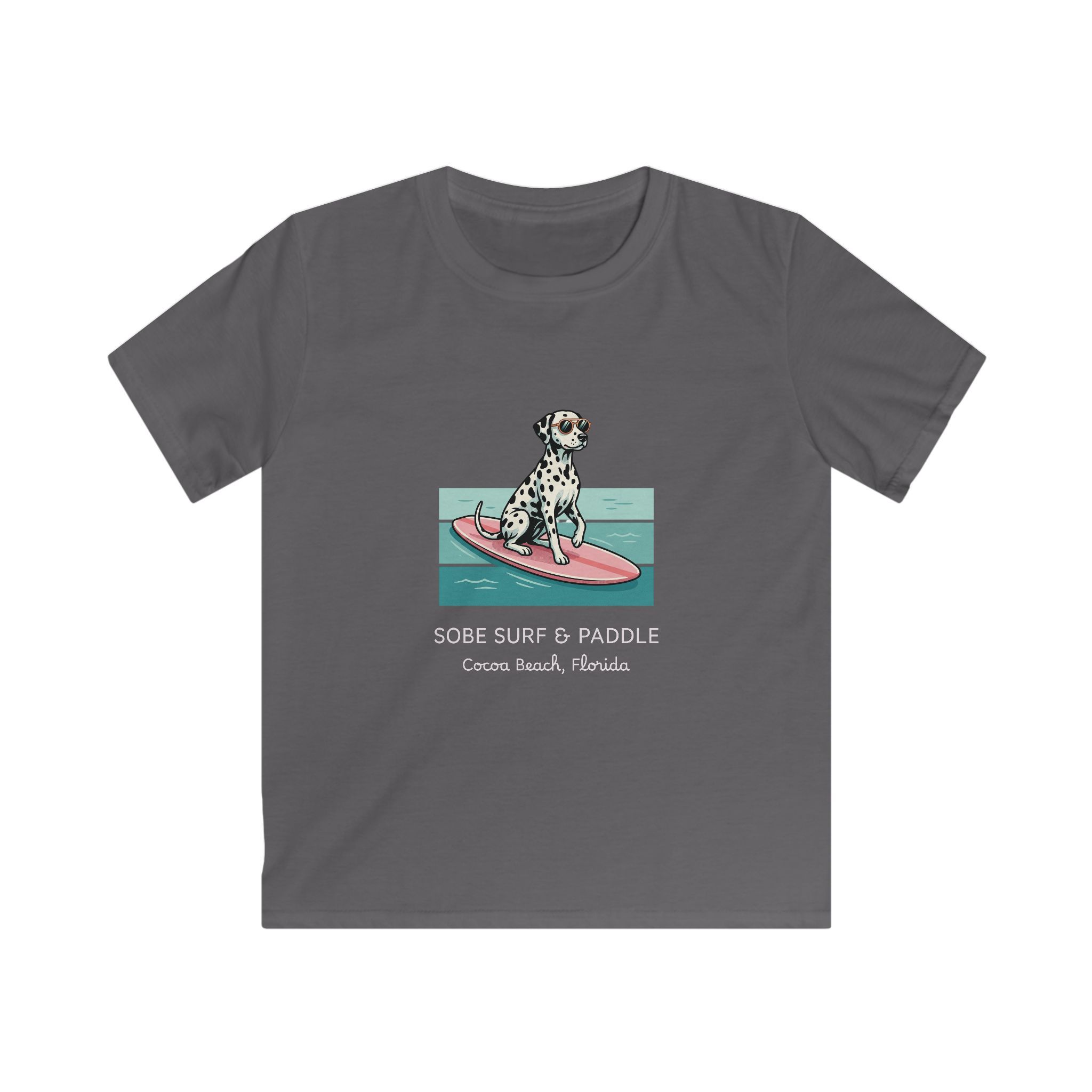 Kids Tee — Dalmatian on Surfboard “Sobe Surf & Paddle” Miami Beach Graphic - Image 13