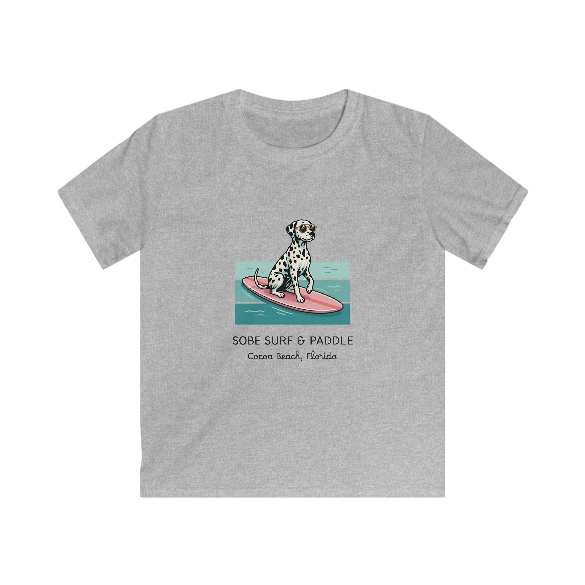 Kids Tee — Dalmatian on Surfboard “Sobe Surf & Paddle” Miami Beach Graphic - Image 4