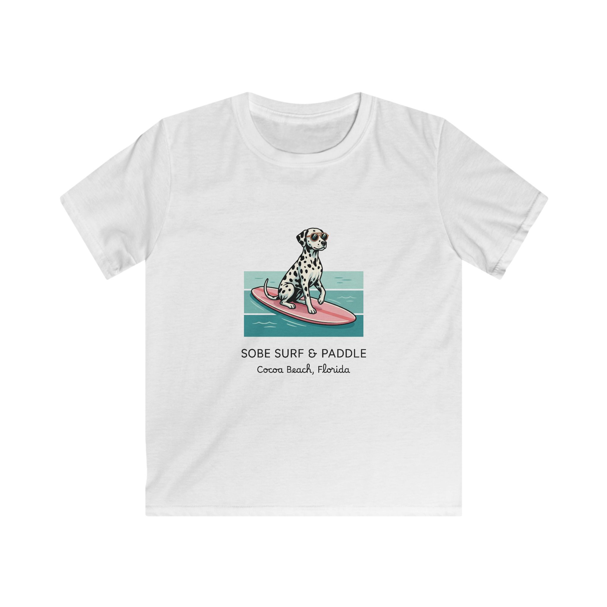 Kids Tee — Dalmatian on Surfboard “Sobe Surf & Paddle” Miami Beach Graphic