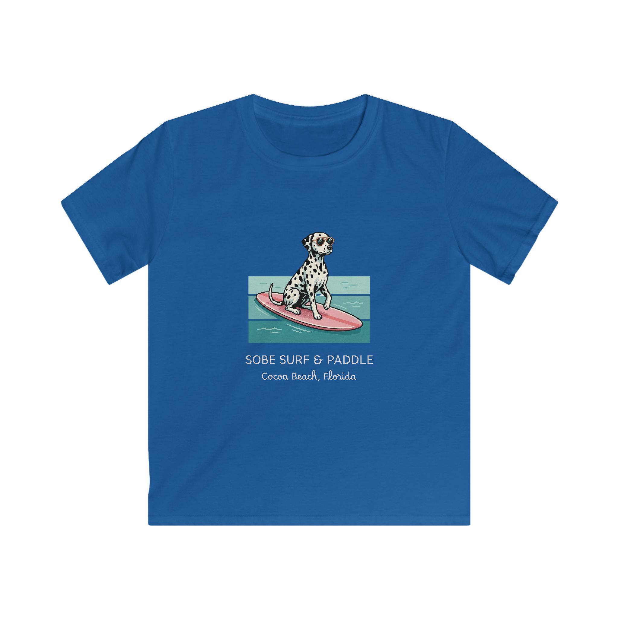 Kids Tee — Dalmatian on Surfboard “Sobe Surf & Paddle” Miami Beach Graphic - Image 16