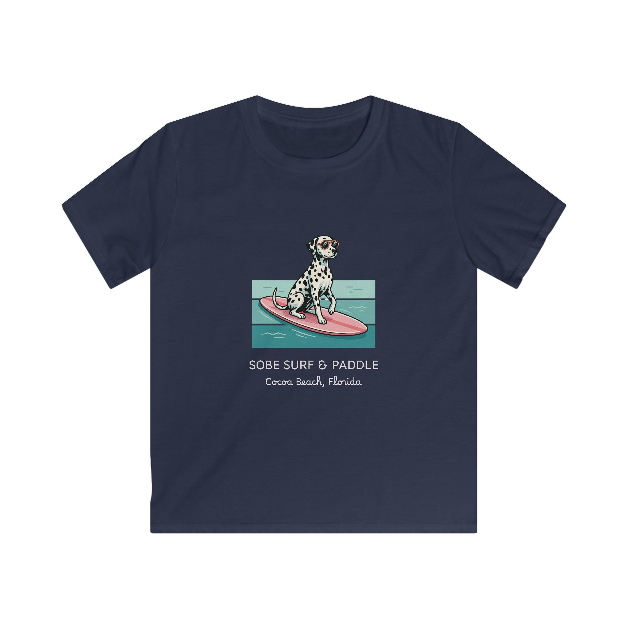 Kids Tee — Dalmatian on Surfboard “Sobe Surf & Paddle” Miami Beach Graphic - Image 19