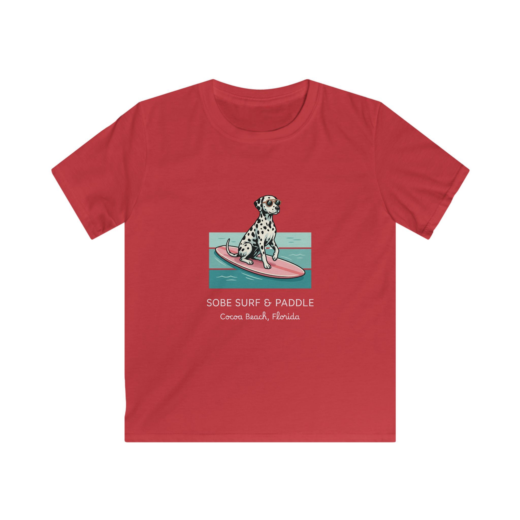 Kids Tee — Dalmatian on Surfboard “Sobe Surf & Paddle” Miami Beach Graphic - Image 25