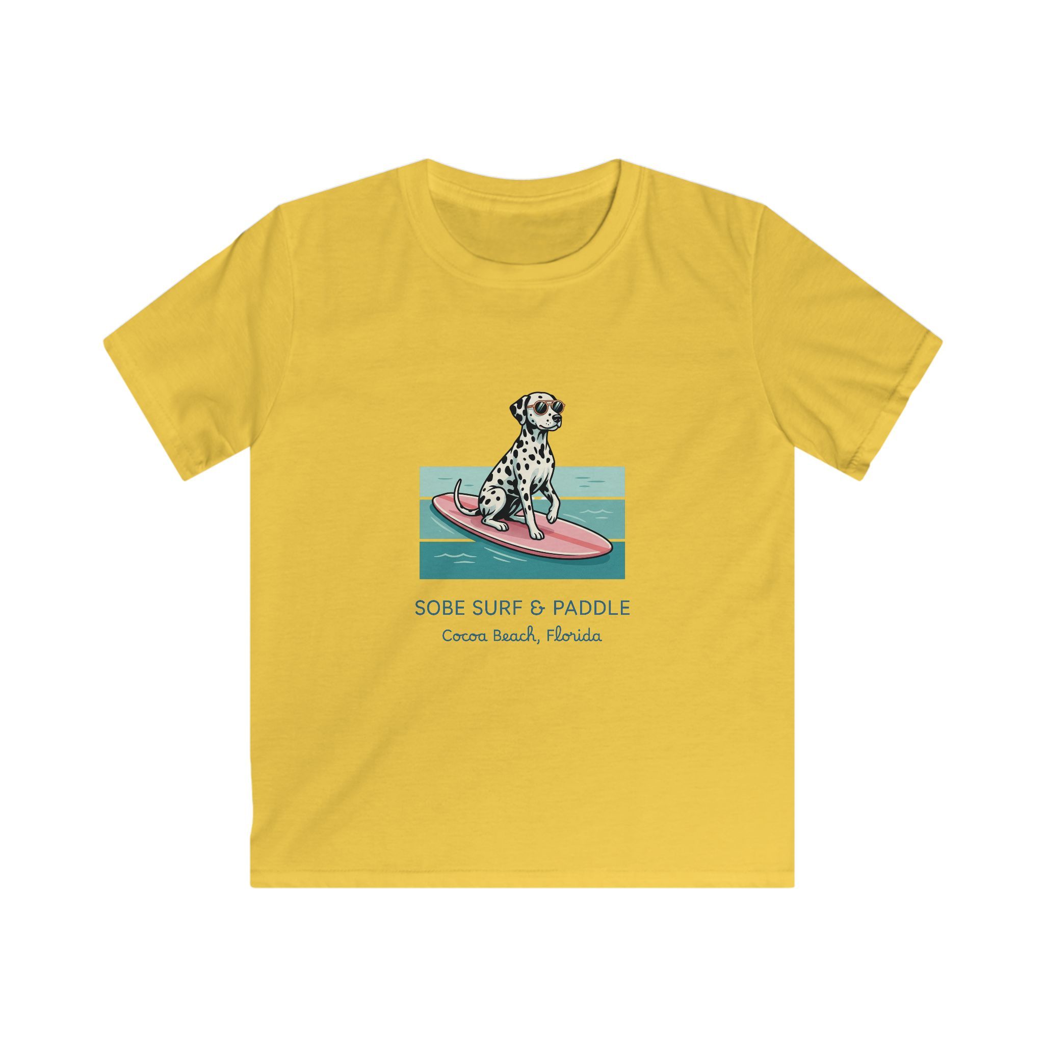 Kids Tee — Dalmatian on Surfboard “Sobe Surf & Paddle” Miami Beach Graphic - Image 7