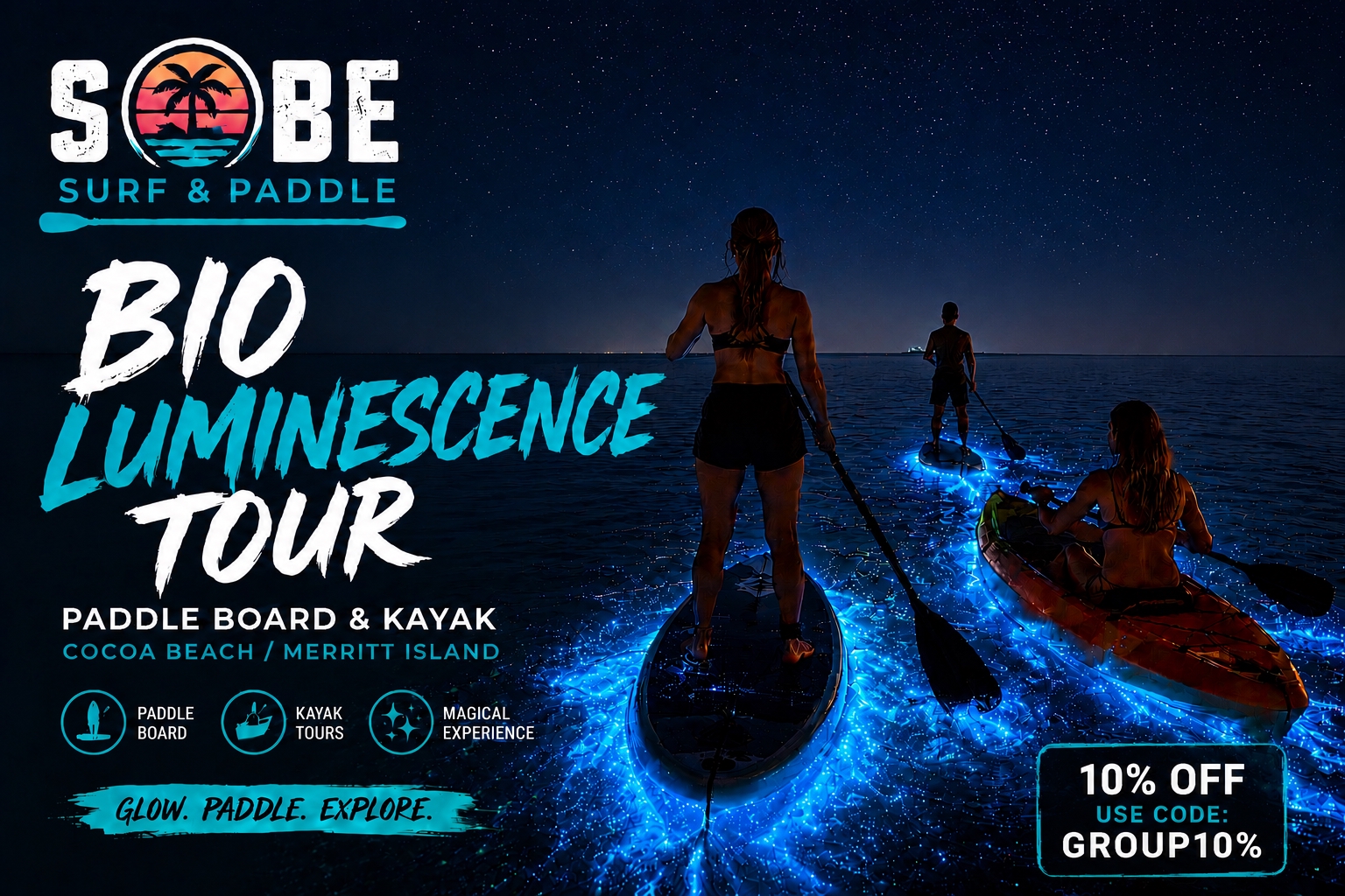 Bioluminescence kayak and paddle board tours by sobe surf & paddle, Florida's best bioluminescent tour company. Family run personal caring service.