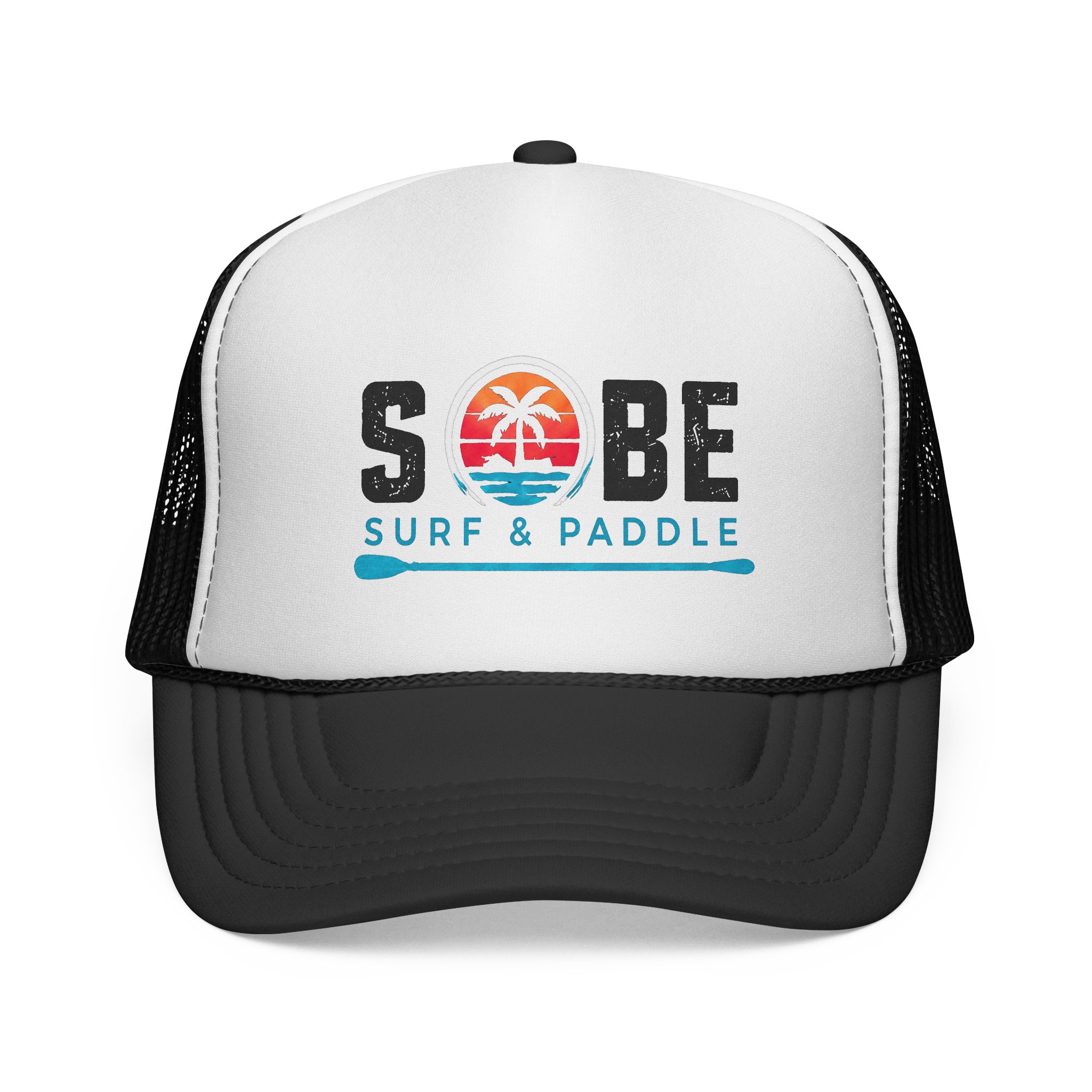 Sobe Surf & Paddle Trucker Cap — Retro Beach Palm Mesh Hat